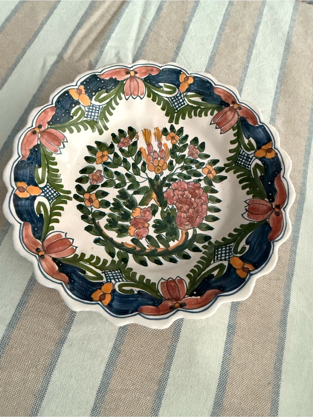 Vintage Makkum Dutch Hand Painted Floral Bird Wall Plate Scalloped Delft Pottery